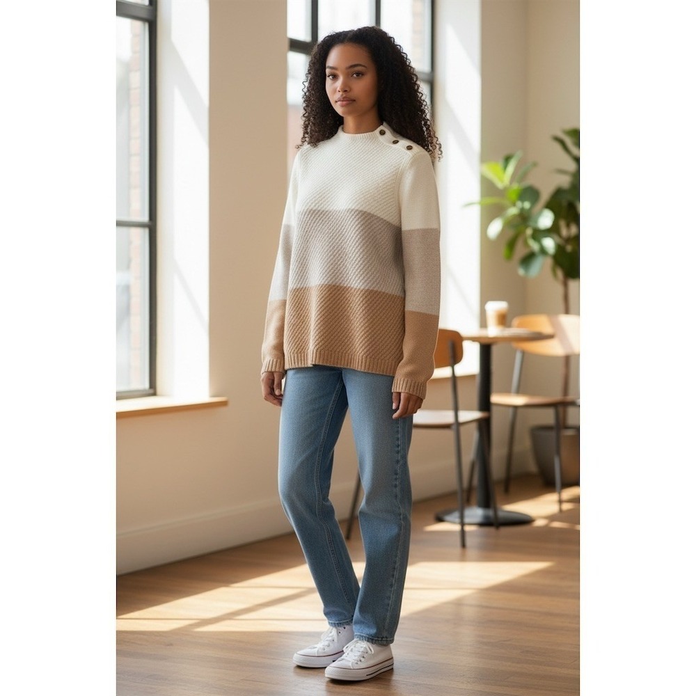 Talbots Sweater L Colorblock Mock‎ Neck Pullover Ivory Taupe Camel minimalist